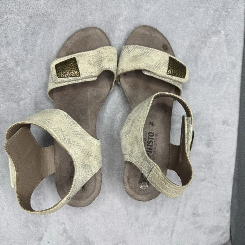 Mephisto Womens 8 EU 38 Beige Metallic Leather Wedge Sandals Comfort